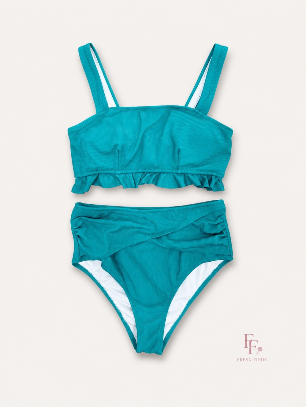 CUPSHE Teal Ribbed High Waisted Bikini Set Small NWOT Ruffle Swimwear